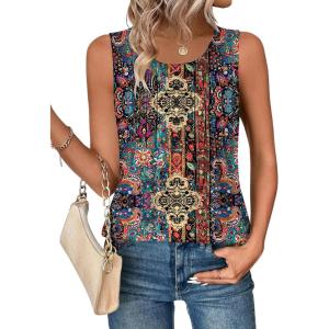 Zeagoo Womens Tank Tops 2026 Summer Loose Fit Crew Neck Boho Tunic Pleated Babydoll Sleeveless Shirts with Button Detail(A-mz721)