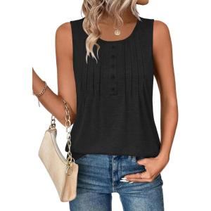 Zeagoo Womens Tank Tops 2026 Summer Loose Fit Crew Neck Boho Tunic Pleated Babydoll Sleeveless Shirts with Button Detail(Black)