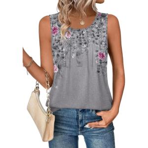 Zeagoo Womens Tank Tops 2026 Summer Loose Fit Crew Neck Boho Tunic Pleated Babydoll Sleeveless Shirts with Button Detail(Hf36)