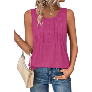 Zeagoo Womens Tank Tops 2026 Summer Loose Fit Crew Neck Boho Tunic Pleated Babydoll Sleeveless Shirts with Button Detail(Rose)
