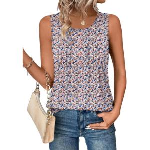 Zeagoo Womens Tank Tops 2026 Summer Loose Fit Crew Neck Boho Tunic Pleated Babydoll Sleeveless Shirts with Button Detail(Xh498)