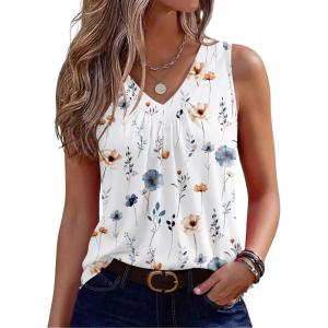 Zeagoo Womens Tank Tops Summer Sleeveless Loose Fit Tops V Neck Pleated Shirts Basic Tees Dressy Casual Trendy Clothes(Bf290-flower White)