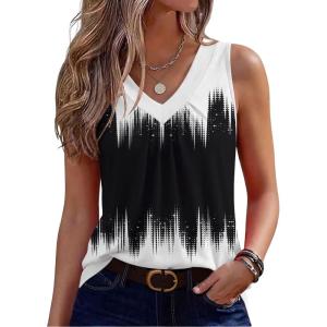Zeagoo Womens Tank Tops Summer Sleeveless Loose Fit Tops V Neck Pleated Shirts Basic Tees Dressy Casual Trendy Clothes(Jb204-black and White)
