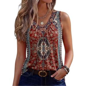 Zeagoo Womens Tank Tops Summer Sleeveless Loose Fit Tops V Neck Pleated Shirts Basic Tees Dressy Casual Trendy Clothes(Mz870-red Print)