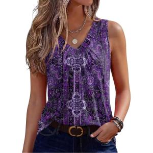 Zeagoo Womens Tank Tops Summer Sleeveless Loose Fit Tops V Neck Pleated Shirts Basic Tees Dressy Casual Trendy Clothes(Mz907-purple)