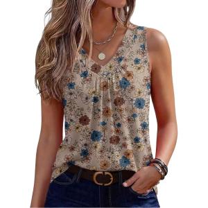 Zeagoo Womens Tank Tops Summer Sleeveless Loose Fit Tops V Neck Pleated Shirts Basic Tees Dressy Casual Trendy Clothes(Sf170-flower)