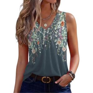Zeagoo Womens Tank Tops Summer Sleeveless Loose Fit Tops V Neck Pleated Shirts Basic Tees Dressy Casual Trendy Clothes(Wf71-flower Print)
