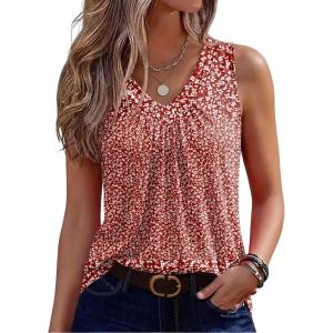 Zeagoo Womens Tank Tops Summer Sleeveless Loose Fit Tops V Neck Pleated Shirts Basic Tees Dressy Casual Trendy Clothes(Xh555-red Floral Fragments)