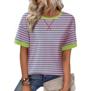 Zeagoo Womens Tops Casual Oversized Short Sleeve Sweatshirt Summer Striped Shirt Crewneck Pullover Loose T Shirts Blouse(A Pink-green)