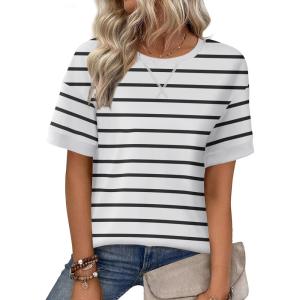 Zeagoo Womens Tops Casual Oversized Short Sleeve Sweatshirt Summer Striped Shirt Crewneck Pullover Loose T Shirts Blouse(A White-black)