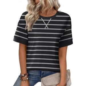 Zeagoo Womens Tops Casual Oversized Short Sleeve Sweatshirt Summer Striped Shirt Crewneck Pullover Loose T Shirts Blouse(Black-white1)