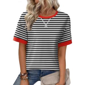 Zeagoo Womens Tops Casual Oversized Short Sleeve Sweatshirt Summer Striped Shirt Crewneck Pullover Loose T Shirts Blouse(Black-white2)