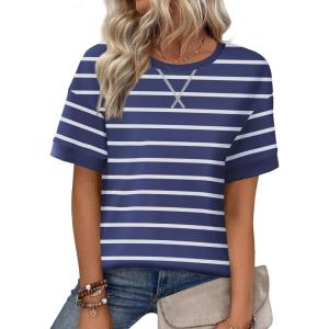Zeagoo Womens Tops Casual Oversized Short Sleeve Sweatshirt Summer Striped Shirt Crewneck Pullover Loose T Shirts Blouse(Blue-white)