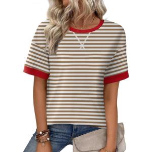 Zeagoo Womens Tops Casual Oversized Short Sleeve Sweatshirt Summer Striped Shirt Crewneck Pullover Loose T Shirts Blouse(Caramel-white)