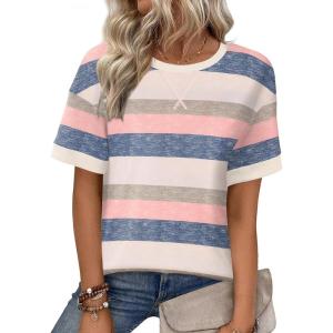 Zeagoo Womens Tops Casual Oversized Short Sleeve Sweatshirt Summer Striped Shirt Crewneck Pullover Loose T Shirts Blouse(Color Stripes 1)