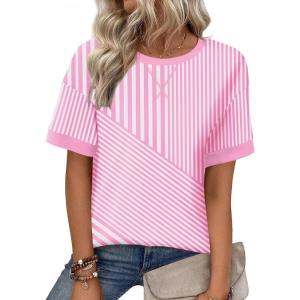 Zeagoo Womens Tops Casual Oversized Short Sleeve Sweatshirt Summer Striped Shirt Crewneck Pullover Loose T Shirts Blouse(Pink Stripes)