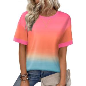 Zeagoo Womens Tops Casual Oversized Short Sleeve Sweatshirt Summer Striped Shirt Crewneck Pullover Loose T Shirts Blouse(Rainbow Floral)