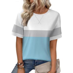 Zeagoo Womens Tops Casual Oversized Short Sleeve Sweatshirt Summer Striped Shirt Crewneck Pullover Loose T Shirts Blouse(White Gray Blue)