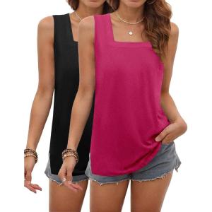 zeagoo Tank Tops for Women 2026 Summer Square Neck Loose Fit Side Split Casual Flowy Sleeveless Shirts S-XXL(Balck&rose Red)