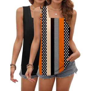 zeagoo Tank Tops for Women 2026 Summer Square Neck Loose Fit Side Split Casual Flowy Sleeveless Shirts S-XXL(Black&blaack Orange Stripe)