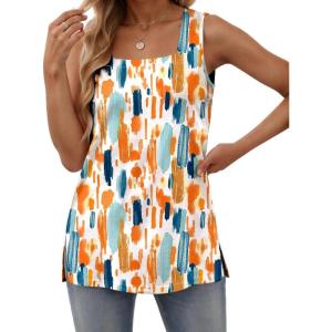 zeagoo Tank Tops for Women 2026 Summer Square Neck Loose Fit Side Split Casual Flowy Sleeveless Shirts S-XXL(Orange Green Color Blocked)