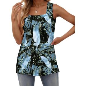 zeagoo Tank Tops for Women 2026 Summer Square Neck Loose Fit Side Split Casual Flowy Sleeveless Shirts S-XXL(White Leaf)