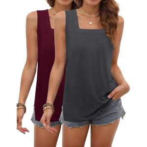 zeagoo Tank Tops for Women 2026 Summer Square Neck Loose Fit Side Split Casual Flowy Sleeveless Shirts S-XXL(Wine Red&gray)