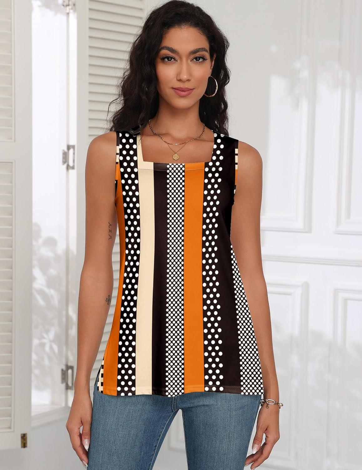 imagezeagoo Tank Tops for Women 2026 Summer Square Neck Loose Fit Side Split Casual Flowy Sleeveless Shirts SXXLBlackblaack Orange Stripe