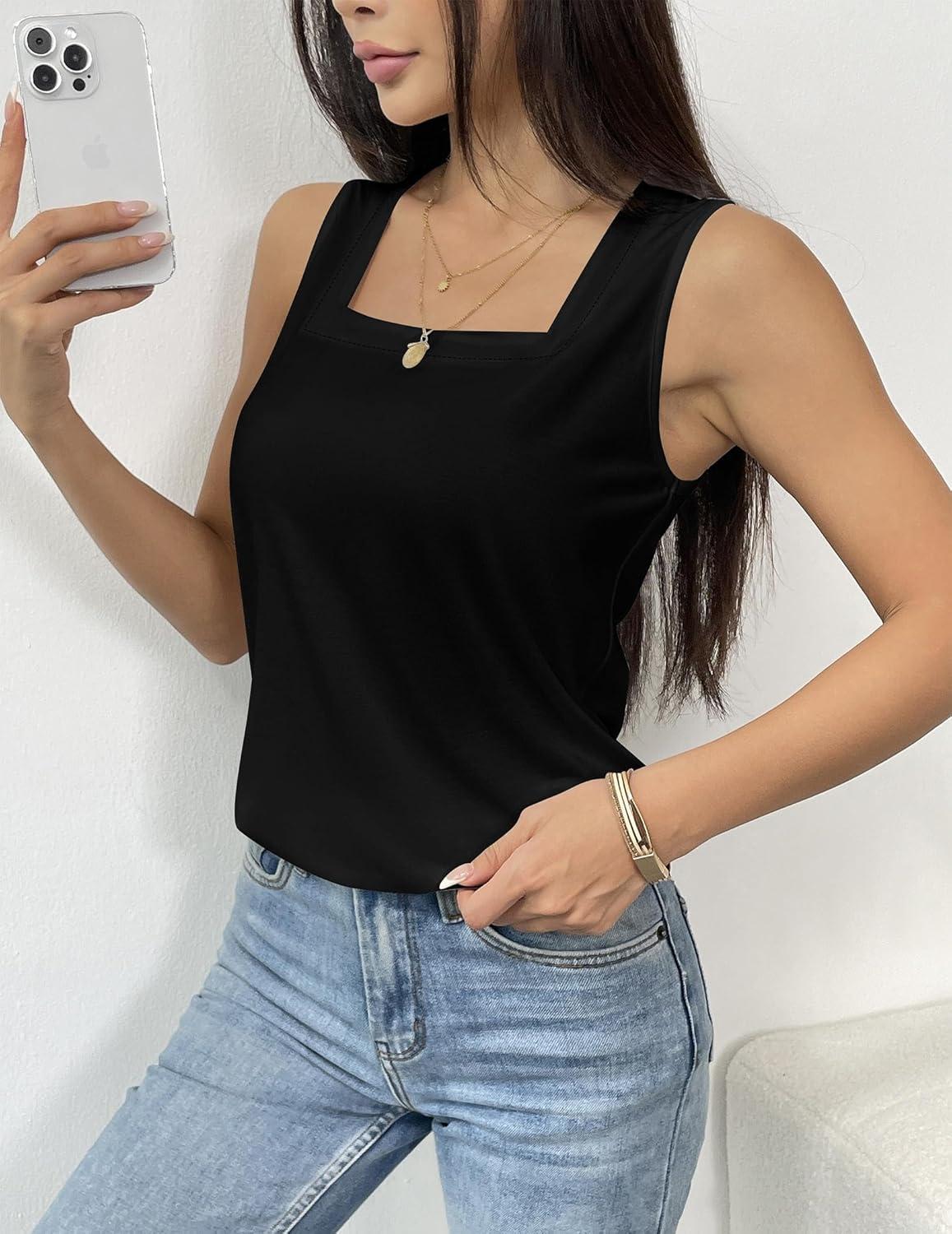 imagezeagoo Tank Tops for Women 2026 Summer Square Neck Loose Fit Side Split Casual Flowy Sleeveless Shirts SXXLBlackblaack Orange Stripe
