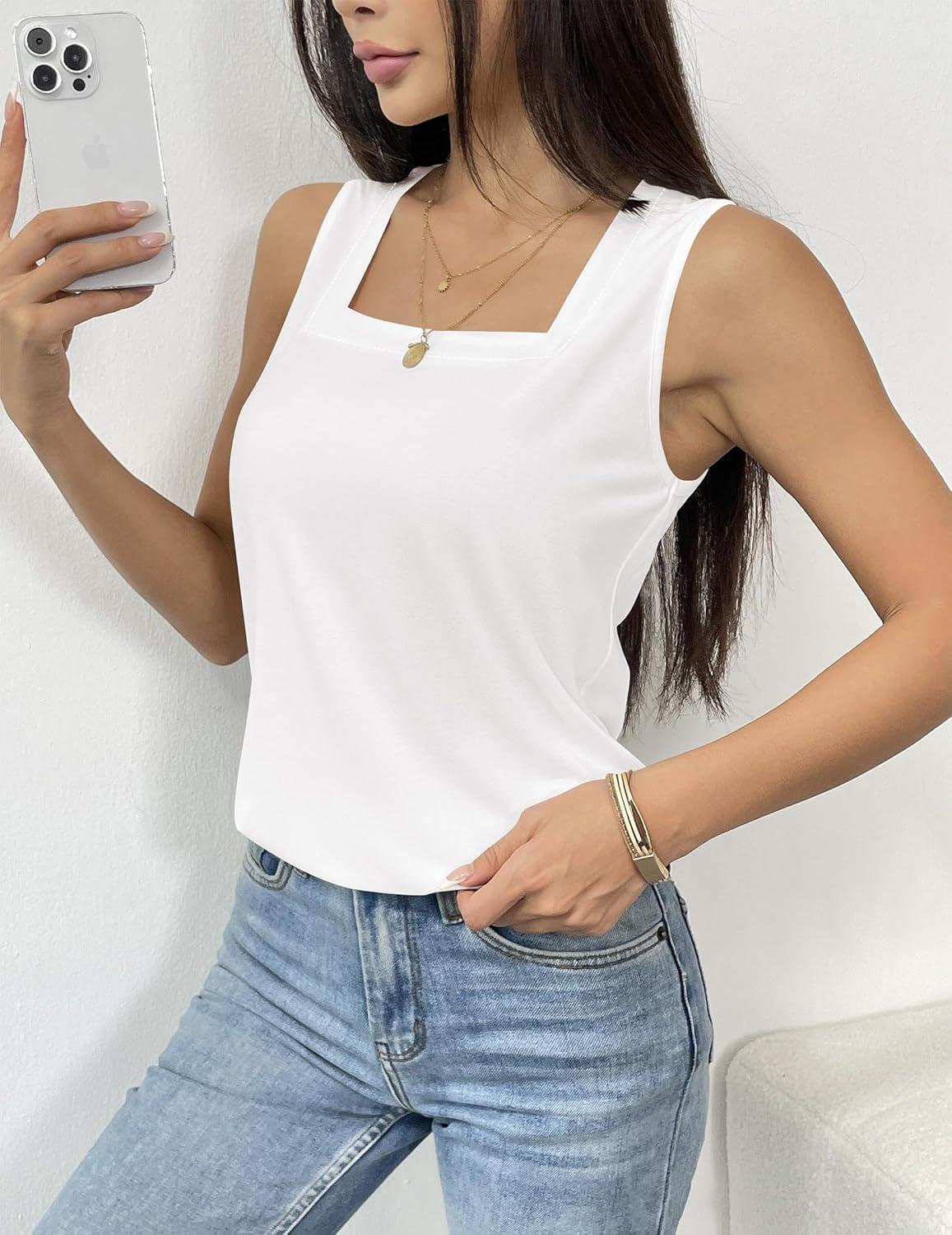 imagezeagoo Tank Tops for Women 2026 Summer Square Neck Loose Fit Side Split Casual Flowy Sleeveless Shirts SXXLBlackwhite