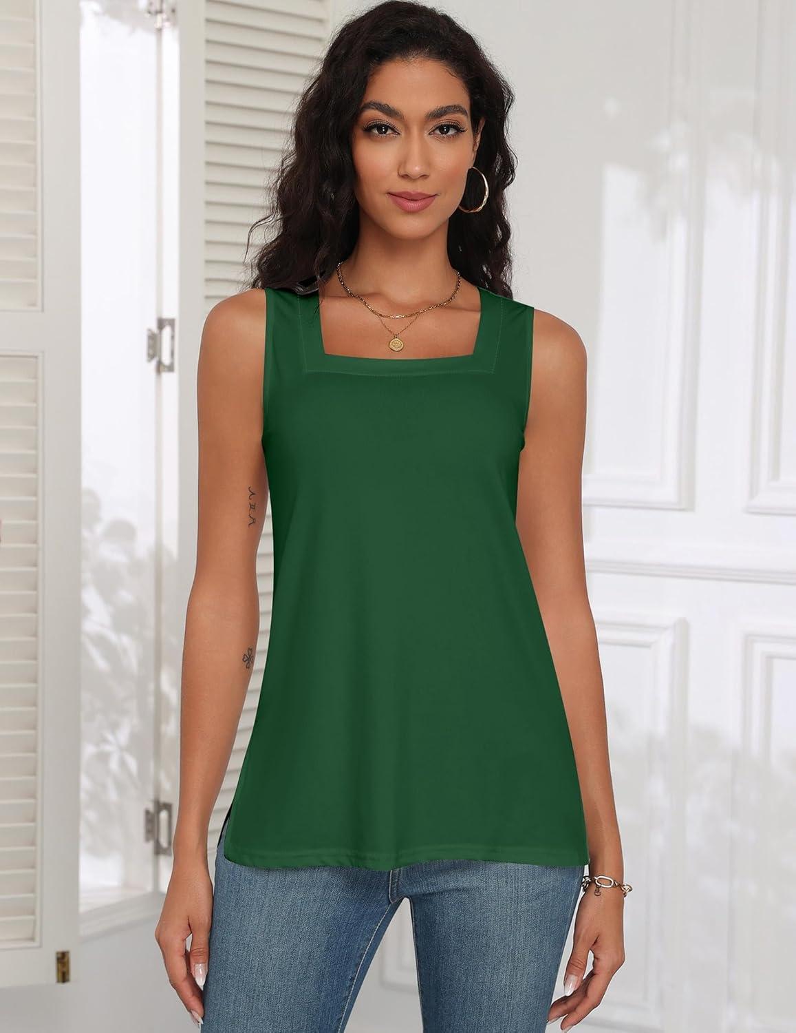 imagezeagoo Tank Tops for Women 2026 Summer Square Neck Loose Fit Side Split Casual Flowy Sleeveless Shirts SXXLDark Green