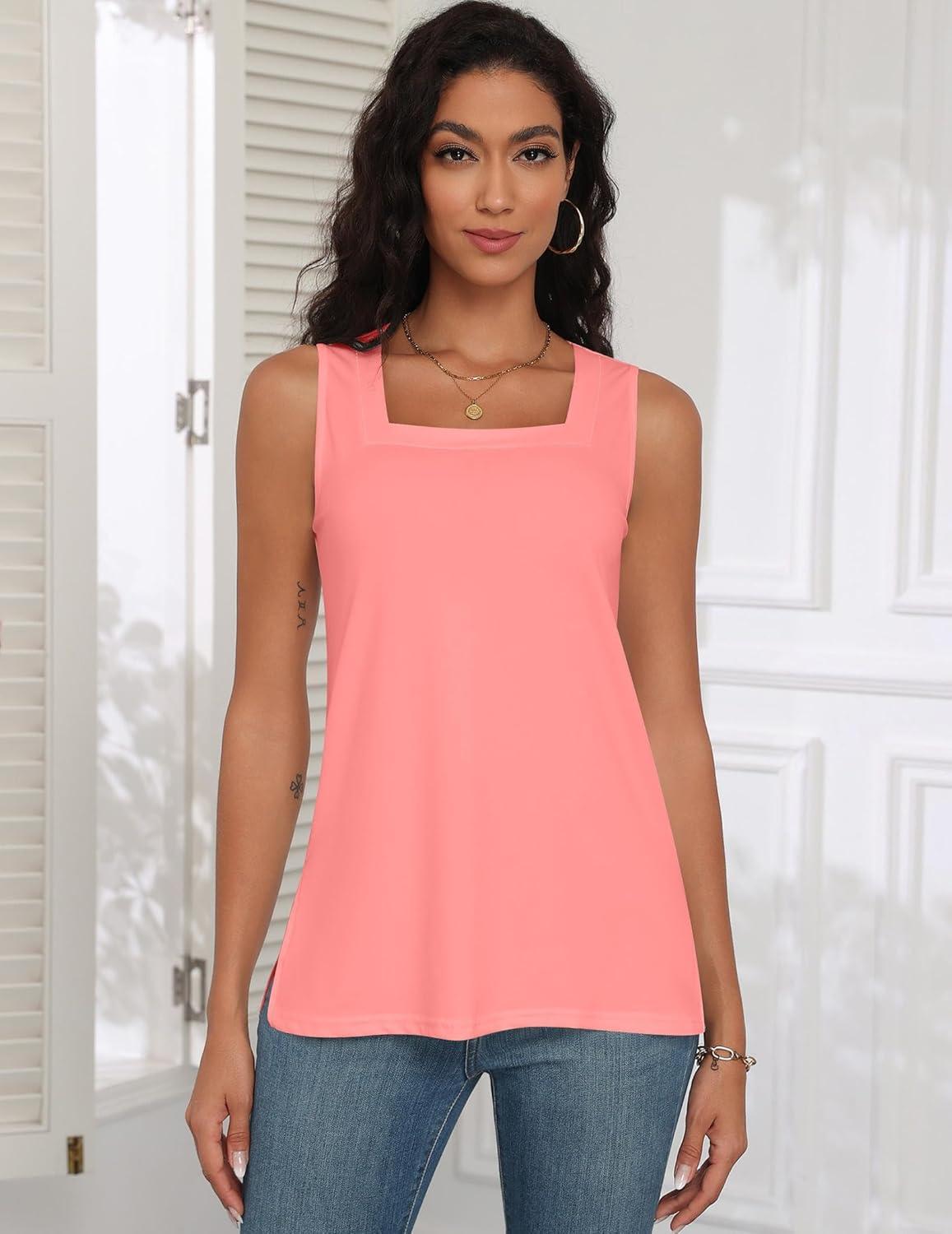 imagezeagoo Tank Tops for Women 2026 Summer Square Neck Loose Fit Side Split Casual Flowy Sleeveless Shirts SXXLFlesh Pink