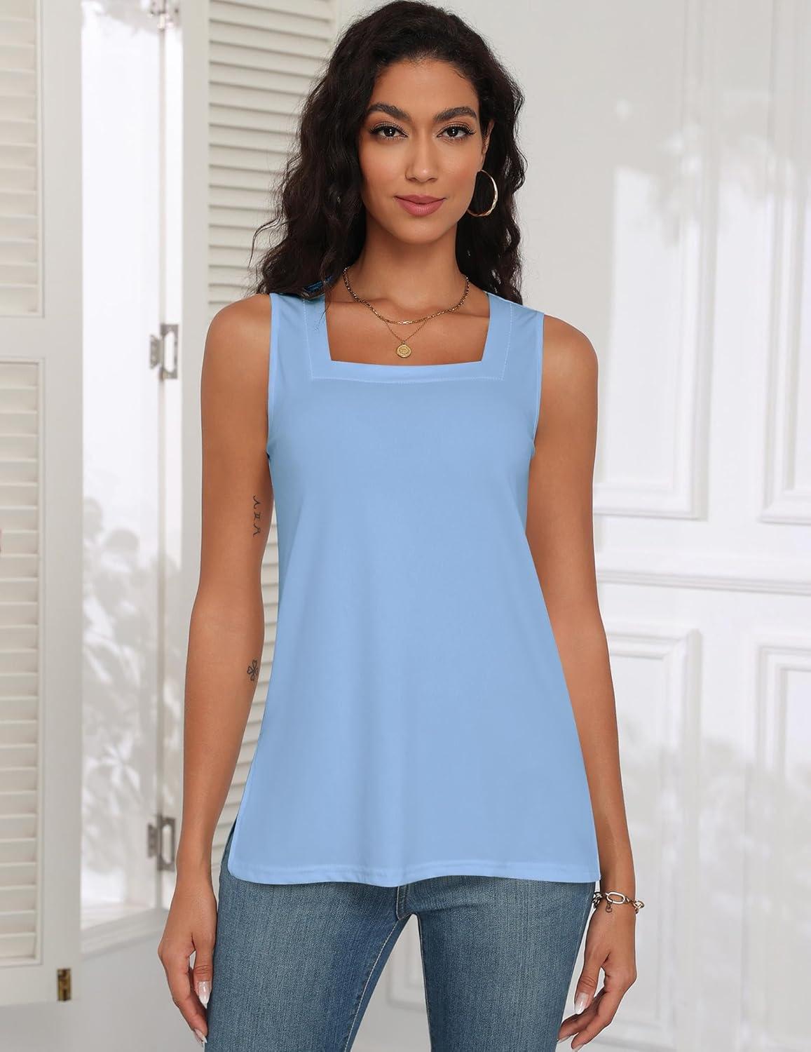 imagezeagoo Tank Tops for Women 2026 Summer Square Neck Loose Fit Side Split Casual Flowy Sleeveless Shirts SXXLNavy Blue