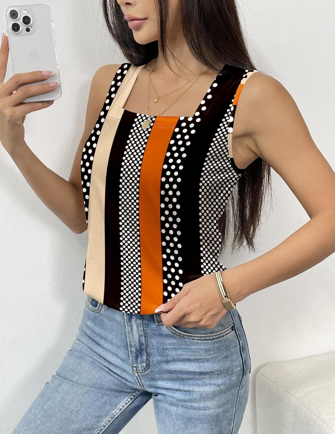 imagezeagoo Tank Tops for Women 2026 Summer Square Neck Loose Fit Side Split Casual Flowy Sleeveless Shirts SXXLOrange Black Stripe