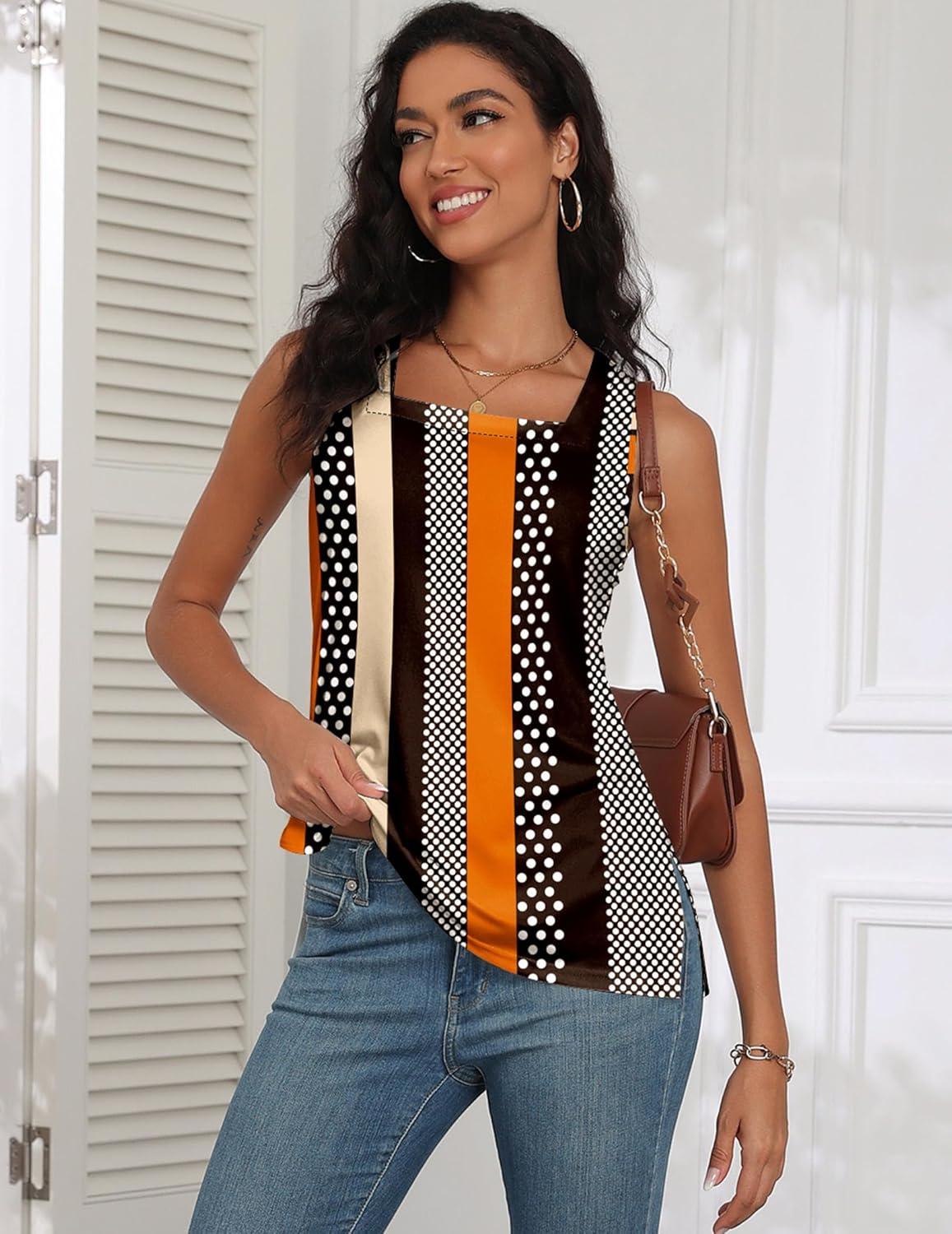 imagezeagoo Tank Tops for Women 2026 Summer Square Neck Loose Fit Side Split Casual Flowy Sleeveless Shirts SXXLOrange Black Stripe