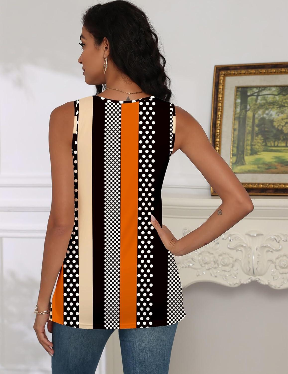 imagezeagoo Tank Tops for Women 2026 Summer Square Neck Loose Fit Side Split Casual Flowy Sleeveless Shirts SXXLOrange Black Stripe