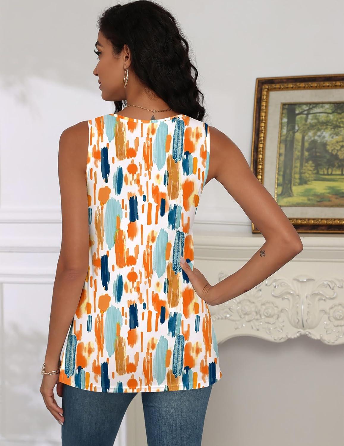 imagezeagoo Tank Tops for Women 2026 Summer Square Neck Loose Fit Side Split Casual Flowy Sleeveless Shirts SXXLOrange Green Color Blocked