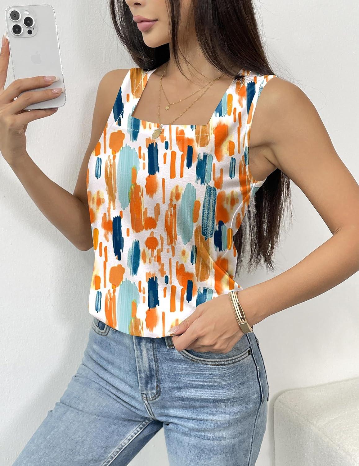 imagezeagoo Tank Tops for Women 2026 Summer Square Neck Loose Fit Side Split Casual Flowy Sleeveless Shirts SXXLOrange Green Color Blocked