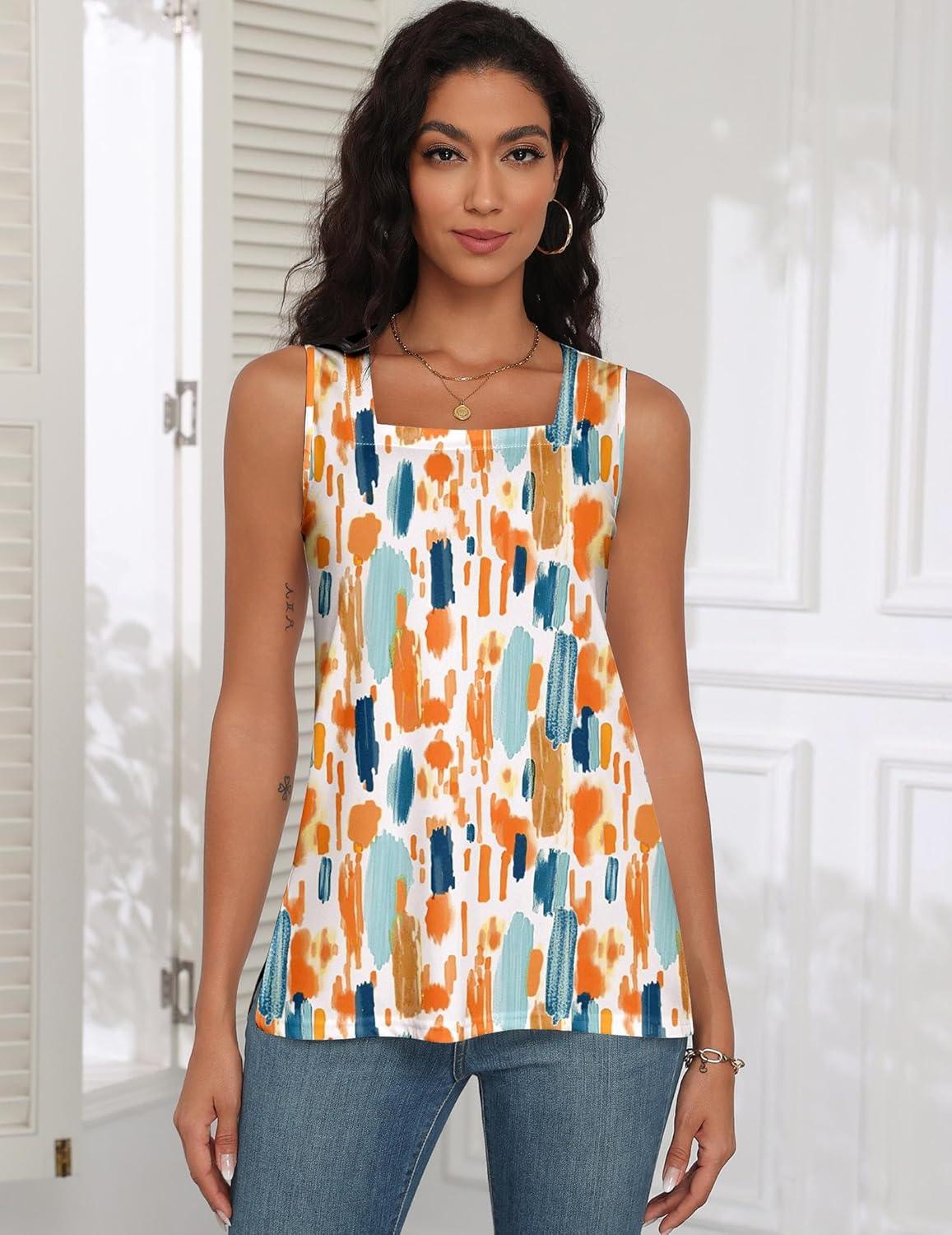 imagezeagoo Tank Tops for Women 2026 Summer Square Neck Loose Fit Side Split Casual Flowy Sleeveless Shirts SXXLOrange Green Color Blocked