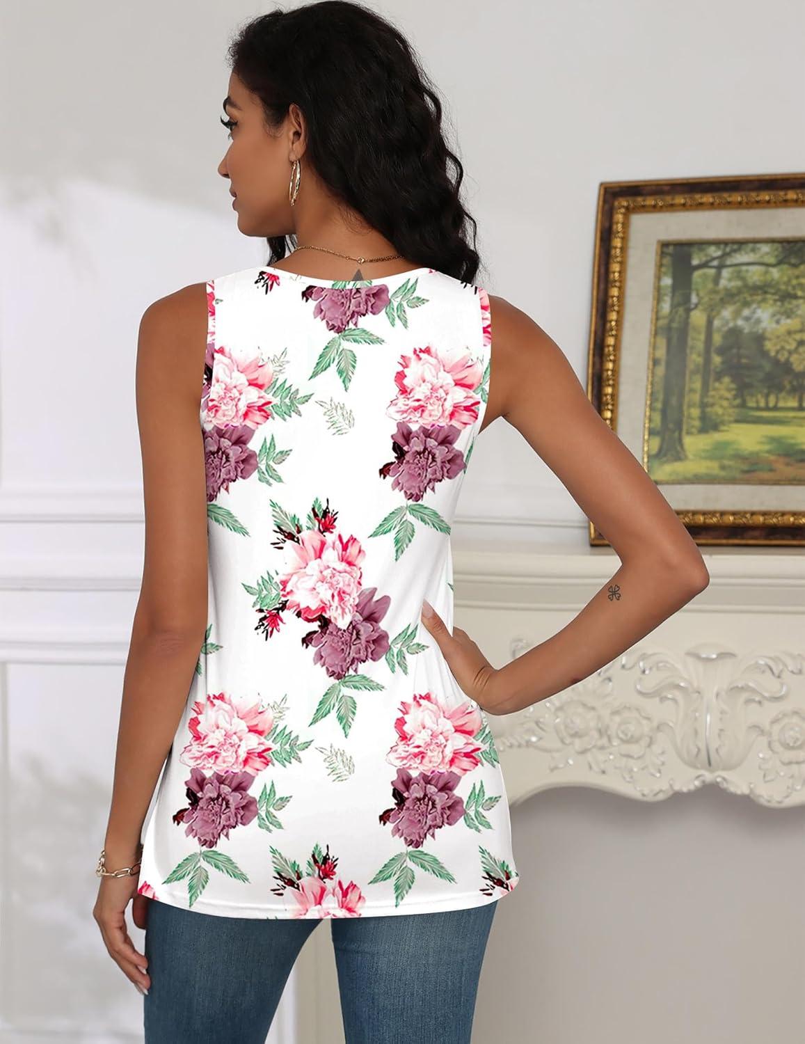 imagezeagoo Tank Tops for Women 2026 Summer Square Neck Loose Fit Side Split Casual Flowy Sleeveless Shirts SXXLPink Flower