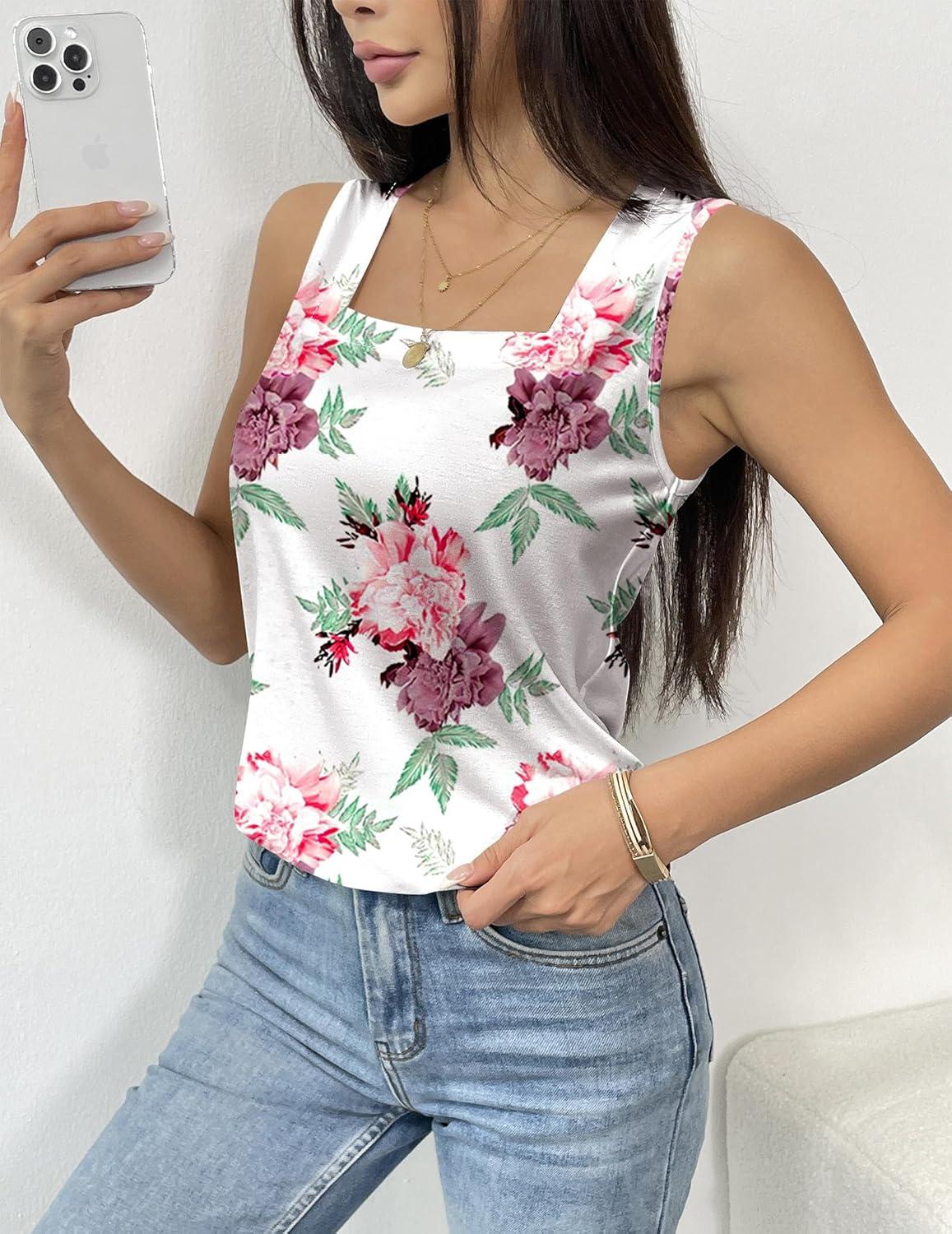 imagezeagoo Tank Tops for Women 2026 Summer Square Neck Loose Fit Side Split Casual Flowy Sleeveless Shirts SXXLPink Flower