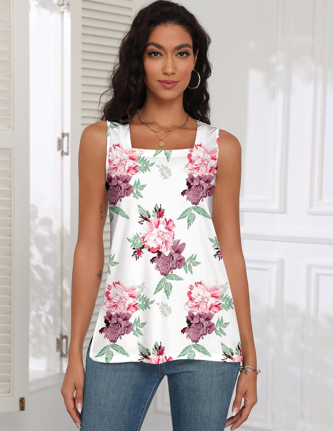 imagezeagoo Tank Tops for Women 2026 Summer Square Neck Loose Fit Side Split Casual Flowy Sleeveless Shirts SXXLPink Flower