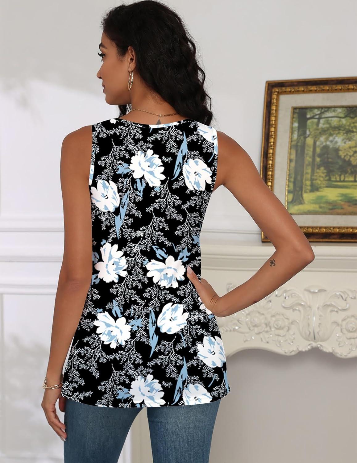 imagezeagoo Tank Tops for Women 2026 Summer Square Neck Loose Fit Side Split Casual Flowy Sleeveless Shirts SXXLWhite Flower