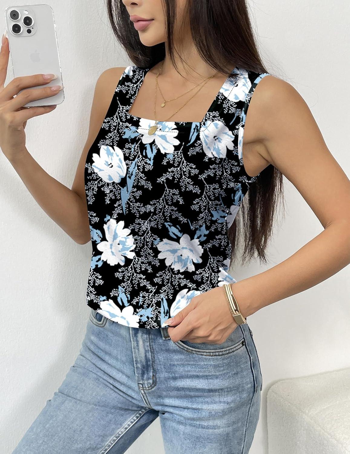 imagezeagoo Tank Tops for Women 2026 Summer Square Neck Loose Fit Side Split Casual Flowy Sleeveless Shirts SXXLWhite Flower
