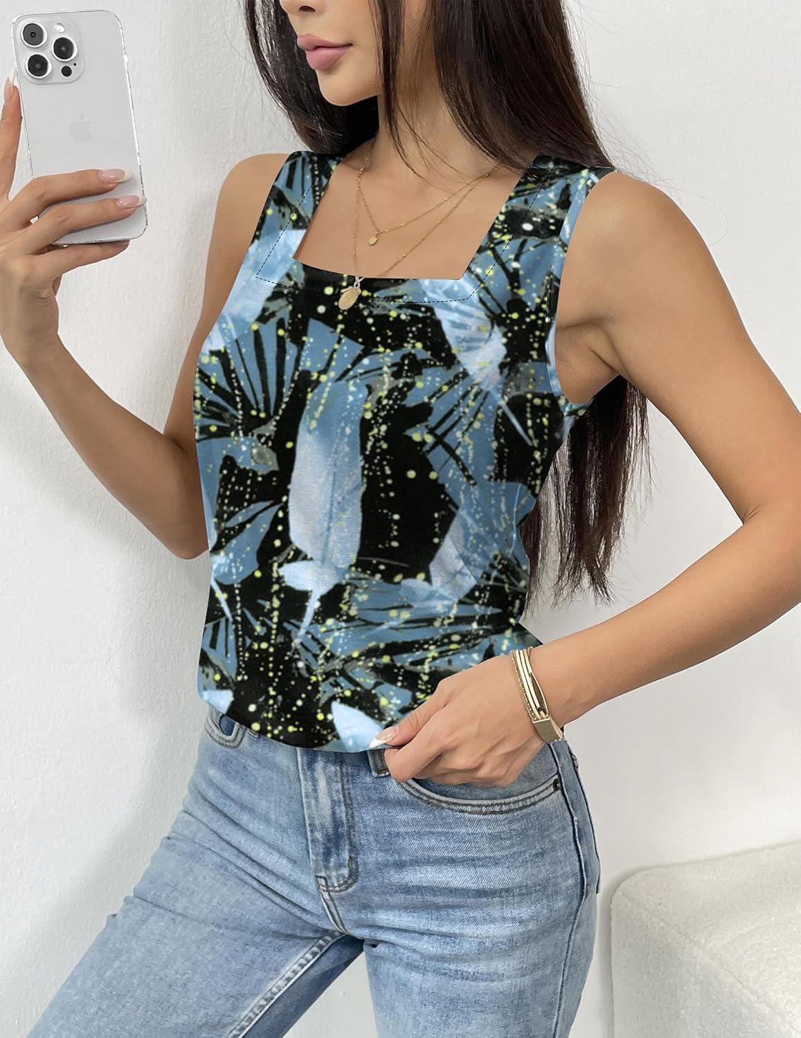 imagezeagoo Tank Tops for Women 2026 Summer Square Neck Loose Fit Side Split Casual Flowy Sleeveless Shirts SXXLWhite Leaf