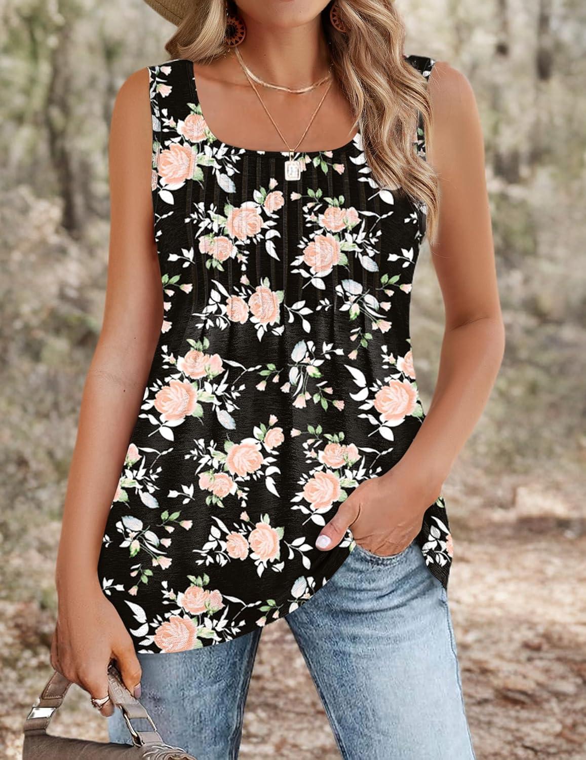 imageZeagoo Sleeveless Floral Tank Tops for Women Summer Square Neck Pleated Babydoll Flowy Soft Tunic Tank Top