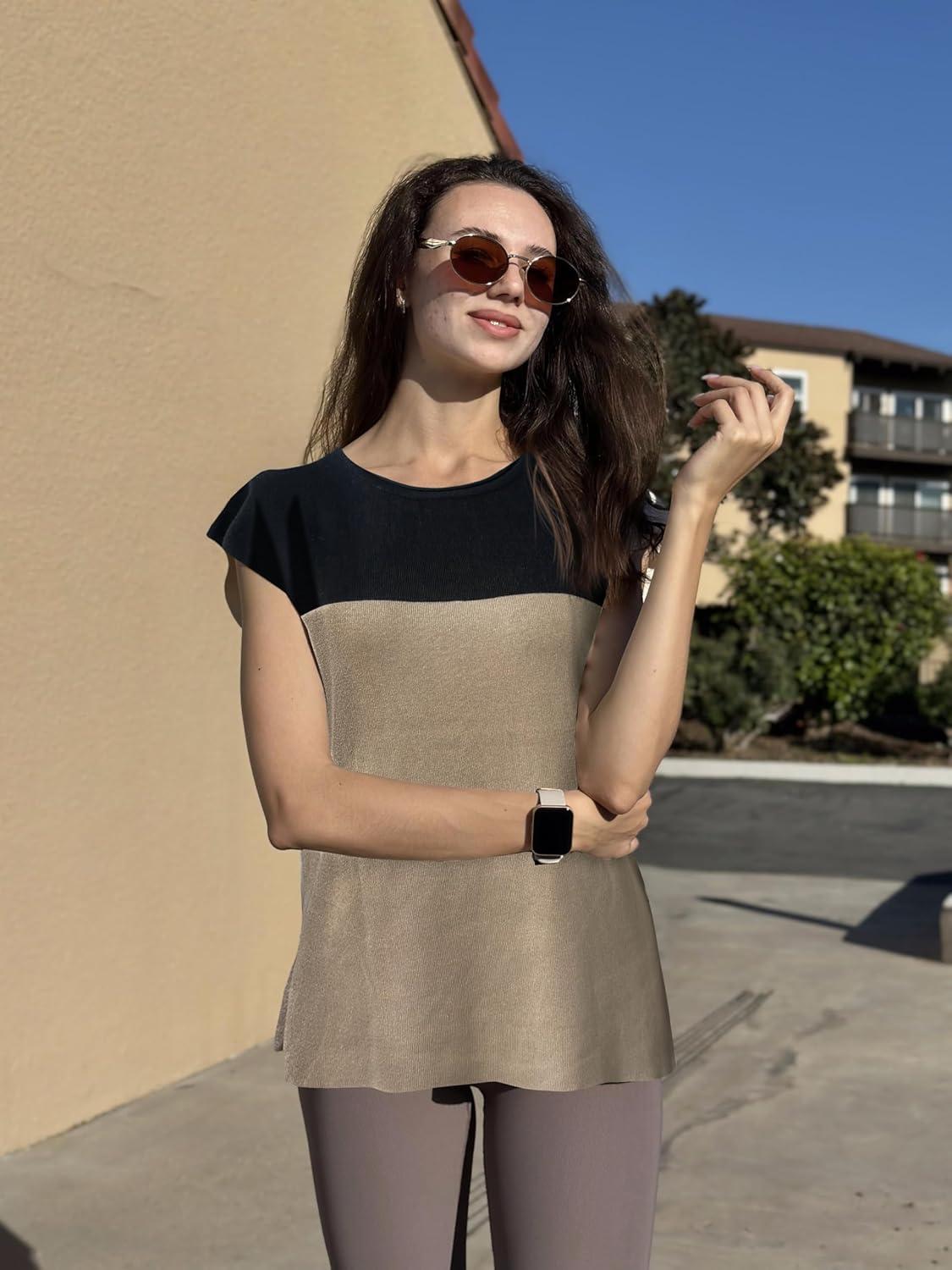 imageZeagoo Sweater Vest Women Crew Neck Loose Fit Knit Lightweight T Shirts Pullover Casual Summer OutfitsBlack Khaki Block