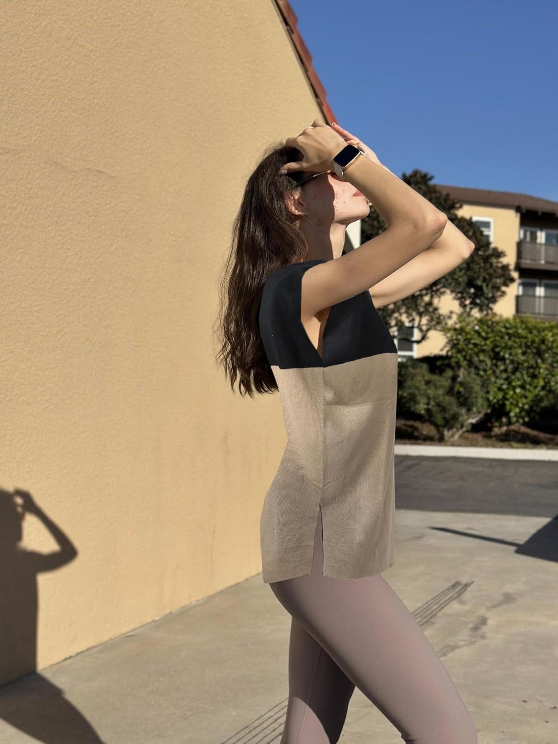 imageZeagoo Sweater Vest Women Crew Neck Loose Fit Knit Lightweight T Shirts Pullover Casual Summer OutfitsBlack Khaki Block