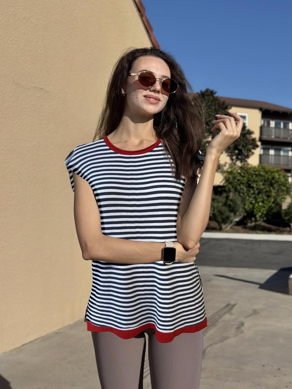 imageZeagoo Sweater Vest Women Crew Neck Loose Fit Knit Lightweight T Shirts Pullover Casual Summer OutfitsBlack Stripe Red