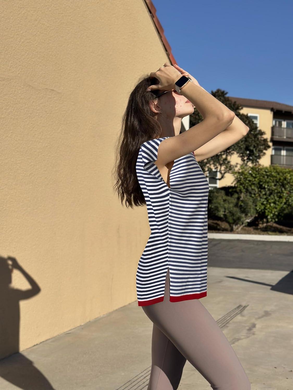 imageZeagoo Sweater Vest Women Crew Neck Loose Fit Knit Lightweight T Shirts Pullover Casual Summer OutfitsBlack Stripe Red
